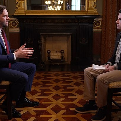 Vance speaks to the Daily Mail at the Eisenhower Executive Building on Tuesday - DailyMailUS