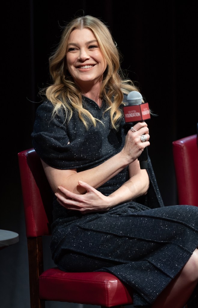 Ellen Pompeo smiling while holding a microphone at a SAG-AFTRA Foundation event.