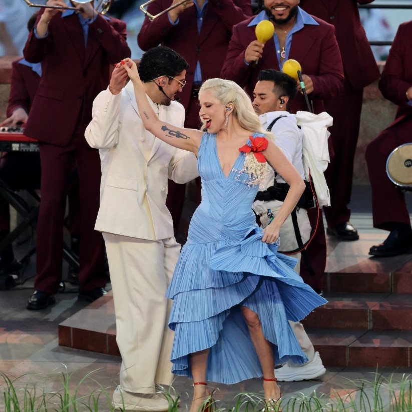 Lady Gaga joined Bad Bunny onstage during his Super Bowl halftime show performance, dressed in Luar. - pagesix