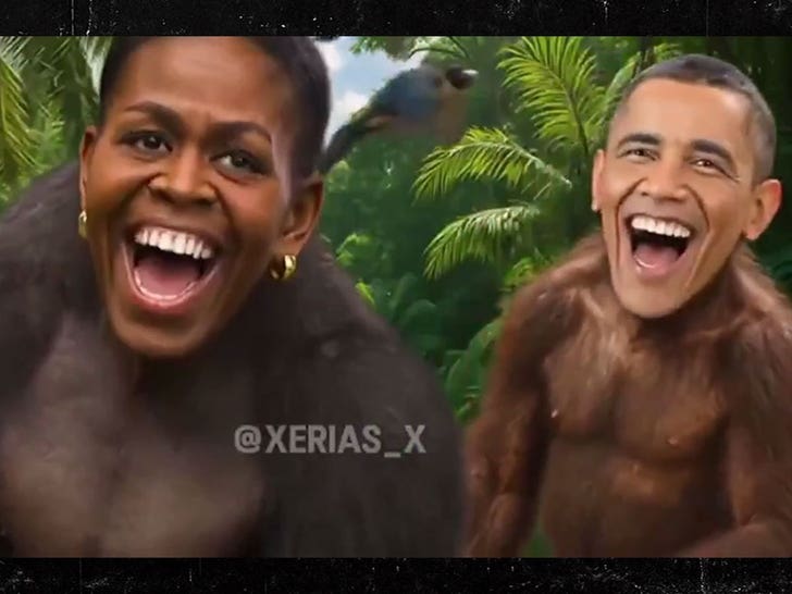 Screenshot of a Truth Social post attributed to Donald Trump sharing a video that later drew outrage for depicting Barack and Michelle Obama with racist ape imagery.